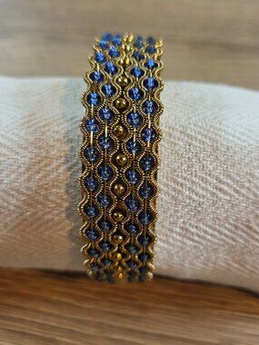 Vintage Gold Tone Woven Wire Blue Bead Bangle Bracelet Boho Statement Stackable